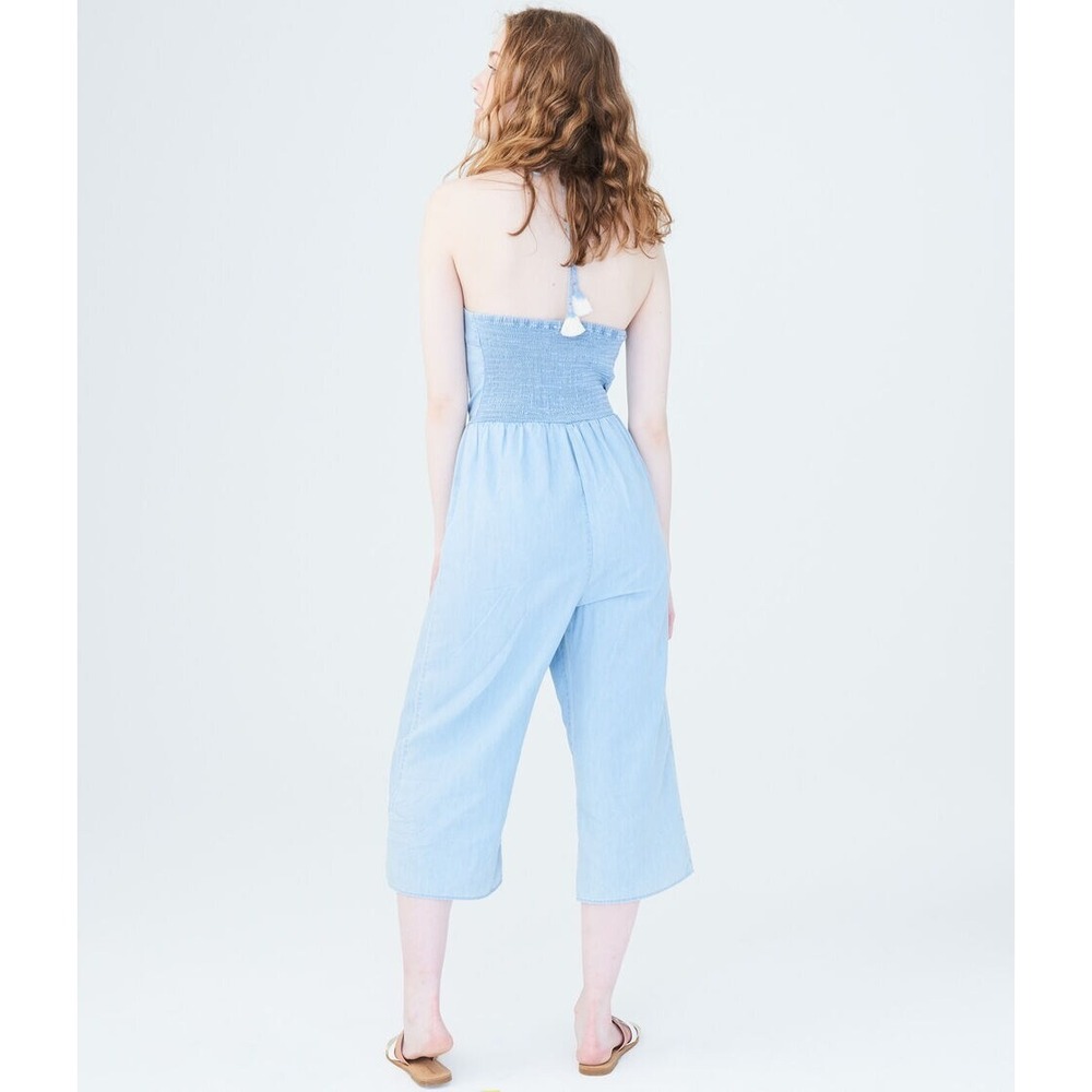 Aeropostale Jumpsuit Women XS Light Blue Chambray Halter Wide Leg Cropped Tassel - Picture 5 of 10